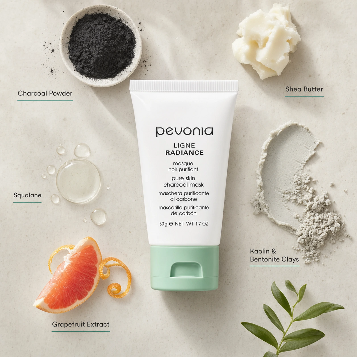 Pevonia Pure Skin Charcoal Mask 50ml ingredient flatlay with Charcoal Powder, Shea Butter, Squalane, Kaolin and Bentonite Clays and Grapefruit Extract