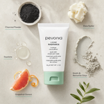 Pevonia Pure Skin Charcoal Mask 50ml ingredient flatlay with Charcoal Powder, Shea Butter, Squalane, Kaolin and Bentonite Clays and Grapefruit Extract