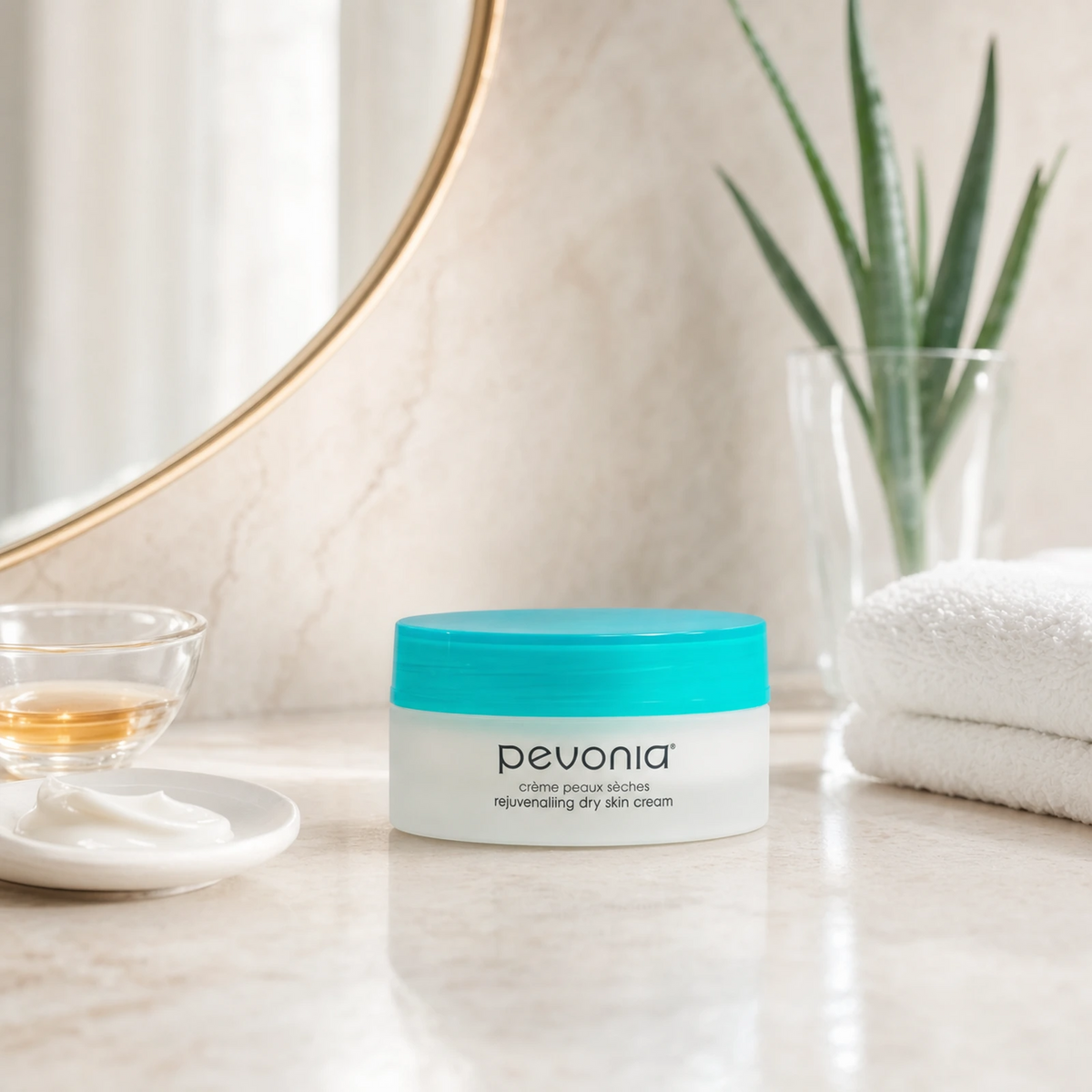 Pevonia Rejuvenating Dry Skin Cream 50ml on a luxury bathroom vanity for dry, dehydrated and mature skin