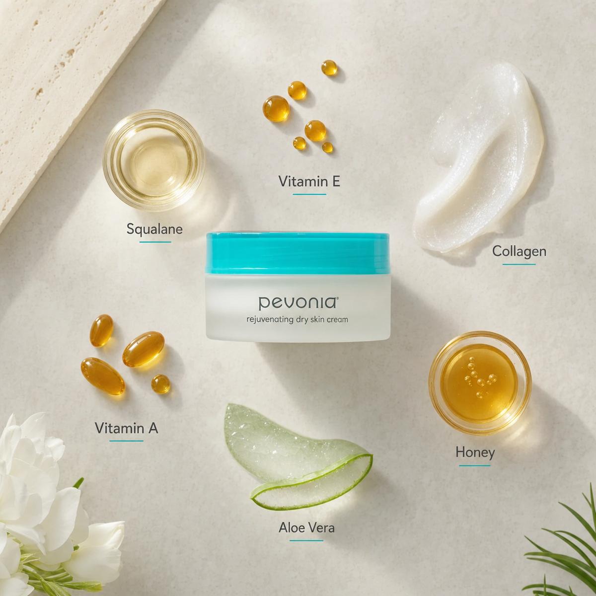 Pevonia Rejuvenating Dry Skin Cream 50ml ingredient flatlay with Squalane, Vitamin E, Collagen, Vitamin A, Aloe Vera and Honey