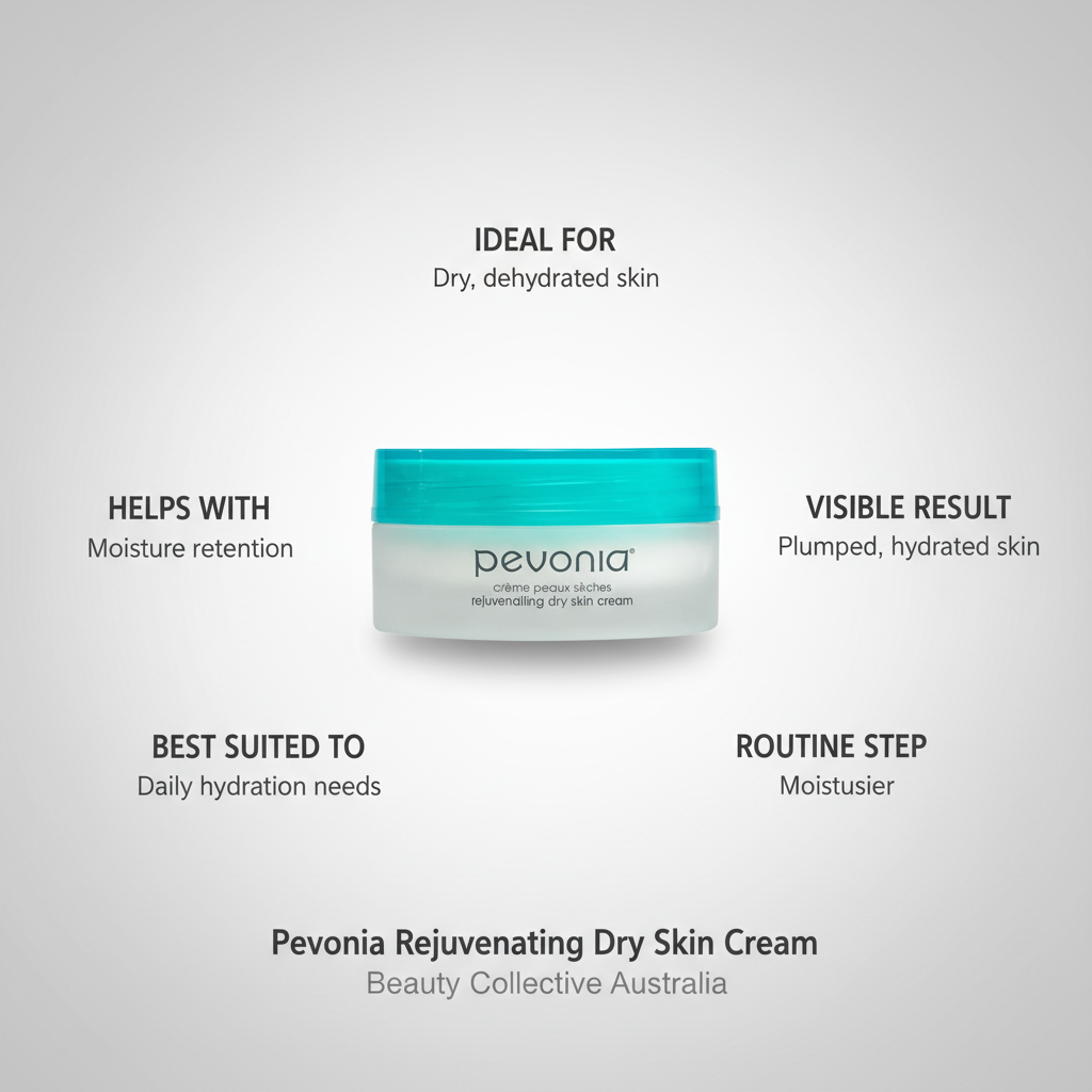 Pevonia Rejuvenating Dry Skin Cream with benefits listed on a gray background