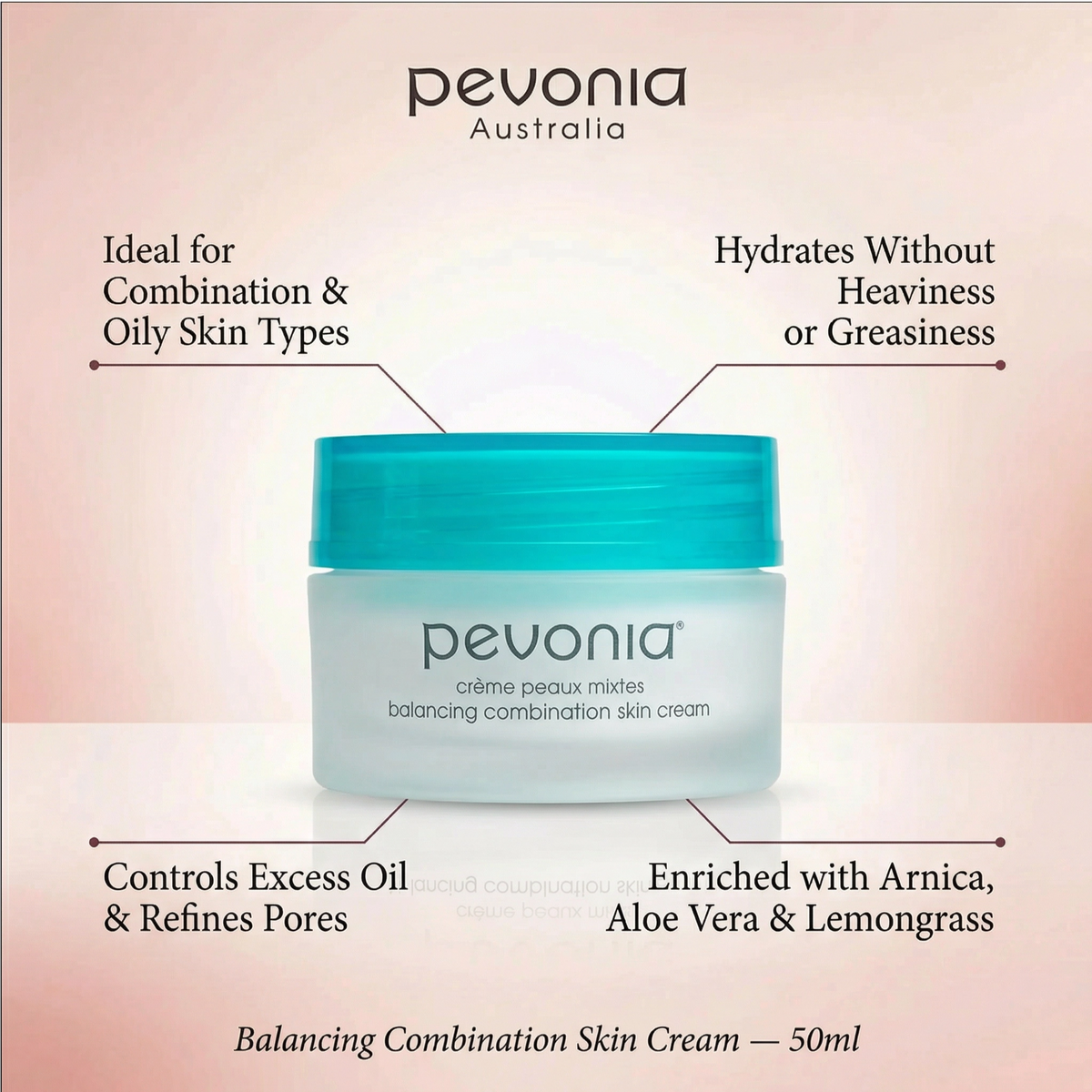 Pevonia Balancing Combination Skin Cream 50ml on a luxury bathroom vanity for combination and mildly oily skin