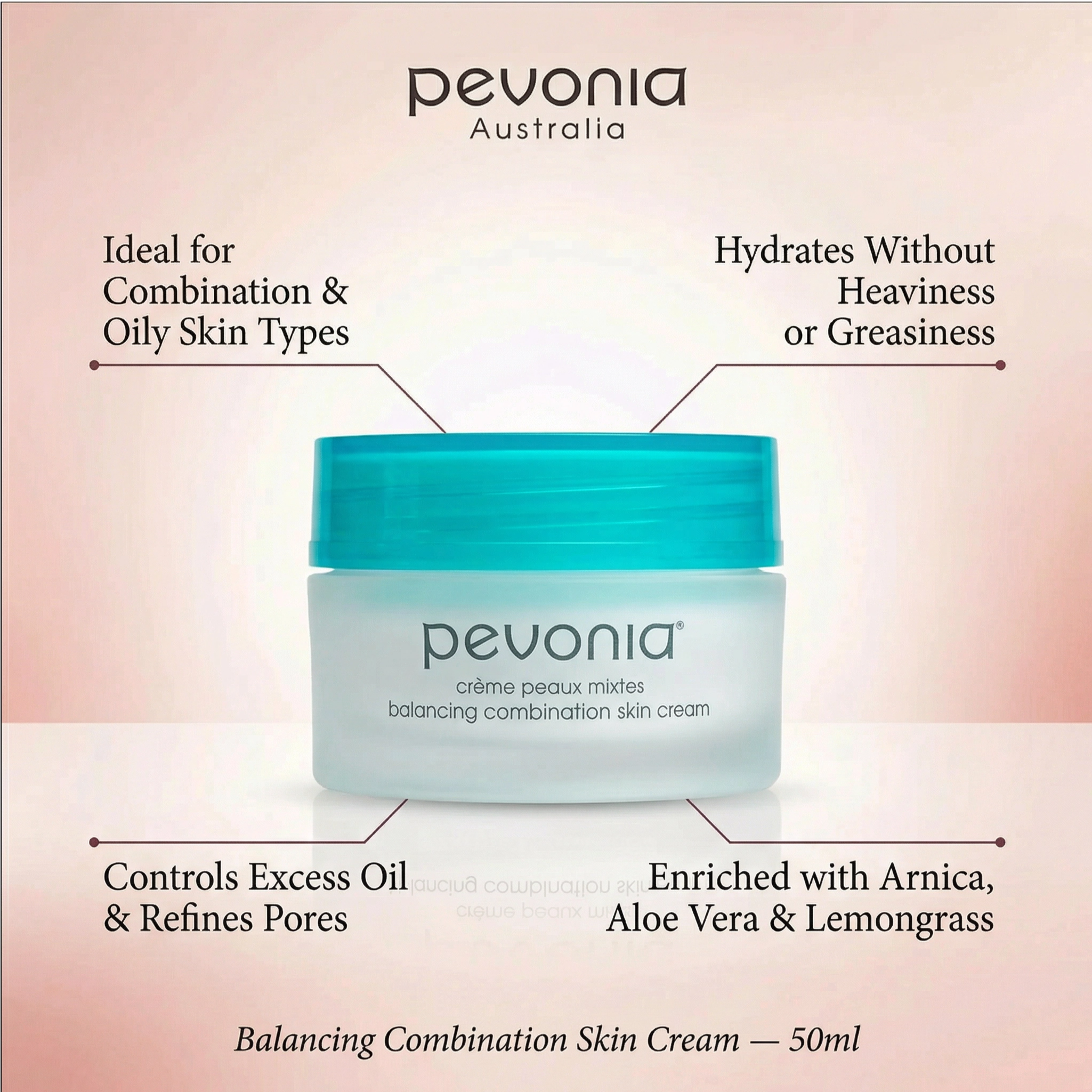 Pevonia Balancing Combination Skin Cream 50ml on a luxury bathroom vanity for combination and mildly oily skin