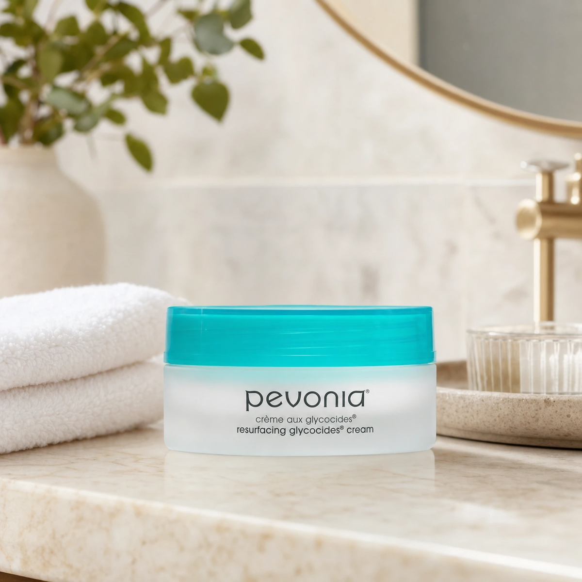 Pevonia Resurfacing Glycocides Cream 50ml on a luxury bathroom vanity for uneven texture, pores and dull skin