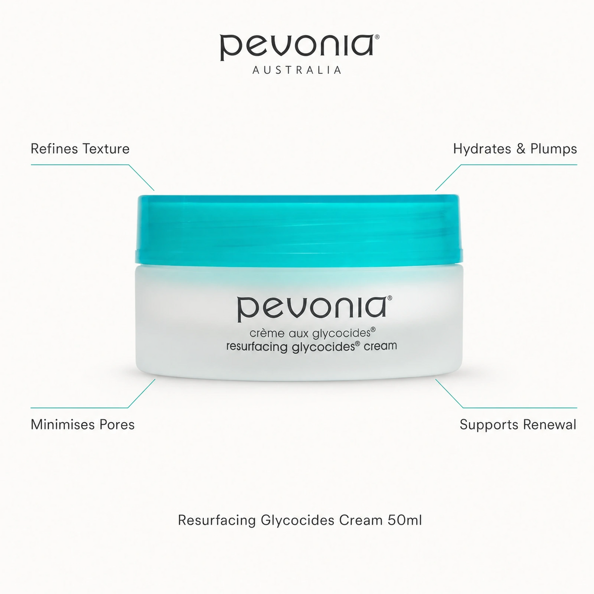 Pevonia Resurfacing Glycocides Cream 50ml with benefits for refined texture, minimised pores, hydration and skin renewal