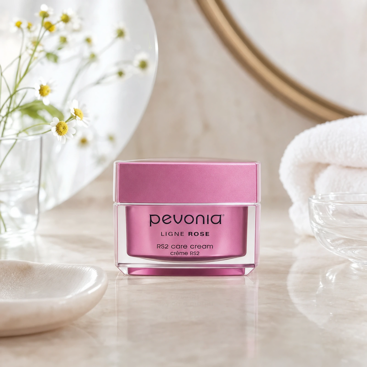 Pevonia RS2 Rosacea Care Cream 50ml on a luxury bathroom vanity for rosacea-prone, red and sensitive skin