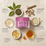 Pevonia RS2 Rosacea Care Cream 50ml ingredient flatlay with green tea, licorice root, chamomile, squalane, vitamin E and safflower oil on a beige background with Pevonia Australia watermark