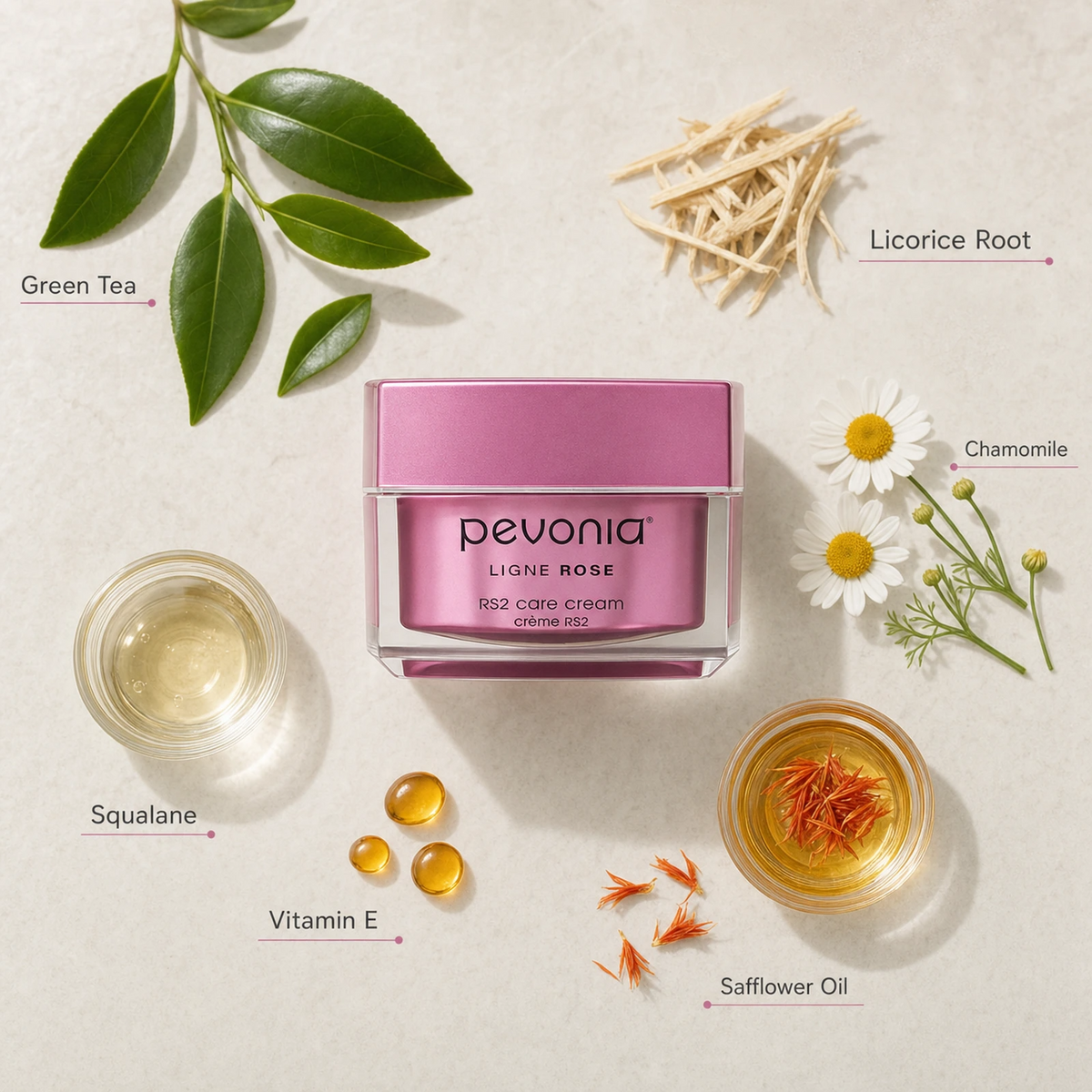 Pevonia RS2 Rosacea Care Cream 50ml ingredient flatlay with Green Tea, Licorice Root, Chamomile, Squalane, Vitamin E and Safflower Oil