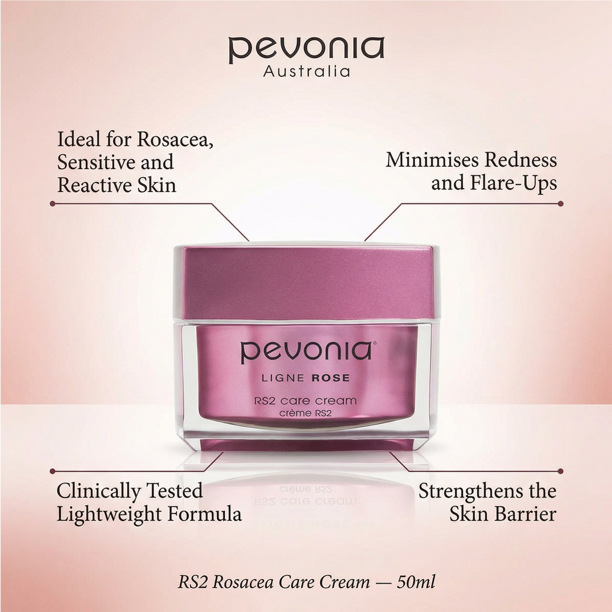 Pevonia RS2 Rosacea Care Cream product image with key benefits highlighting rosacea care, redness reduction, lightweight formula and skin barrier support for sensitive skin