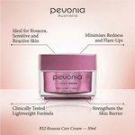 Pevonia RS2 Rosacea Care Cream product image with key benefits highlighting rosacea care, redness reduction, lightweight formula and skin barrier support for sensitive skin