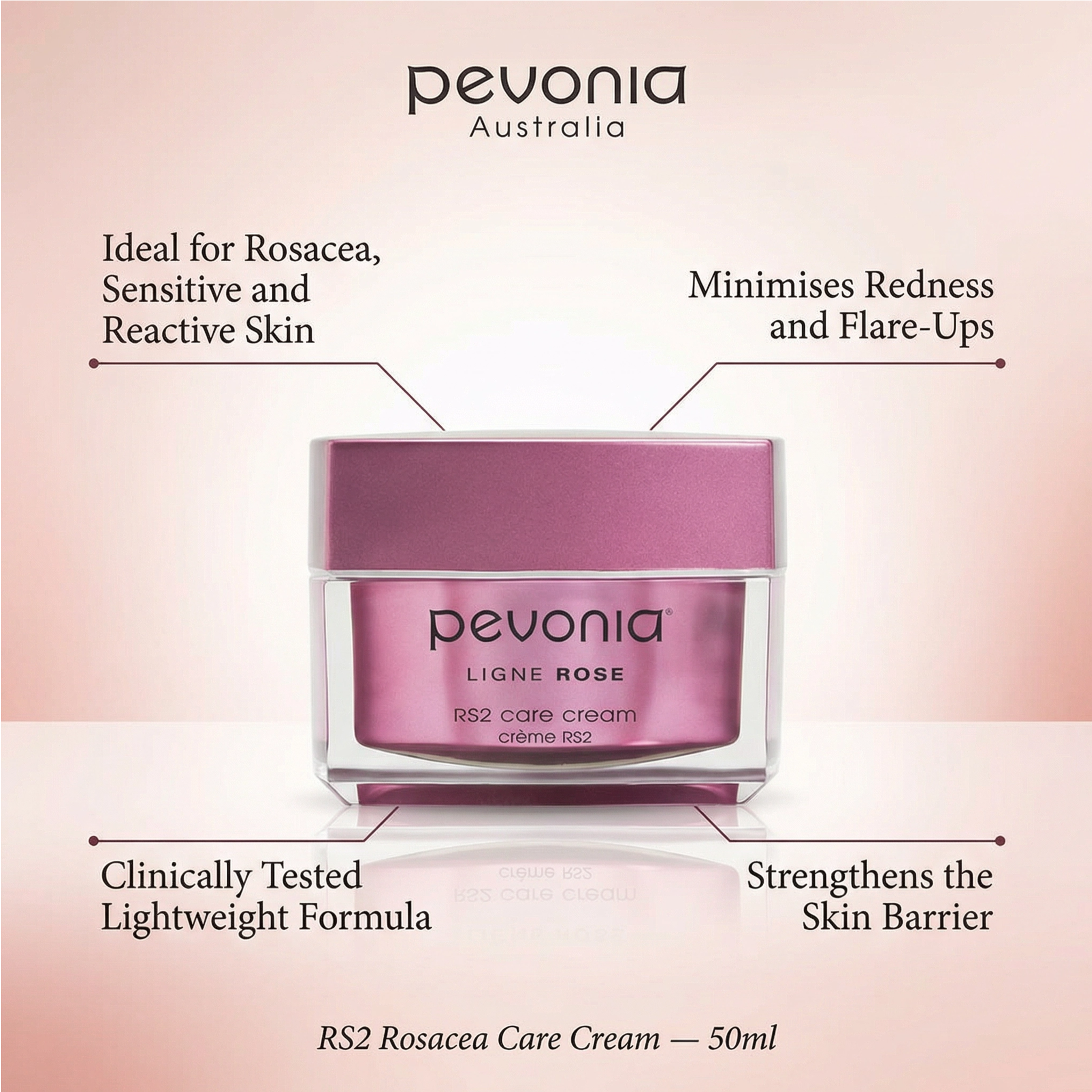 Pevonia RS2 Rosacea Care Cream product image with key benefits highlighting rosacea care, redness reduction, lightweight formula and skin barrier support for sensitive skin