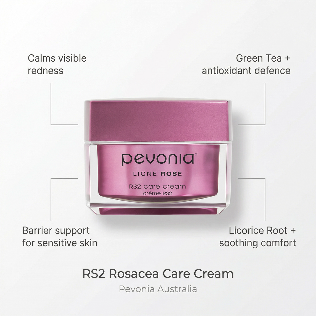 Pevonia RS2 Rosacea Care Cream with highlighted benefits including calming redness, antioxidant protection with green tea, barrier support and soothing comfort for sensitive skin
