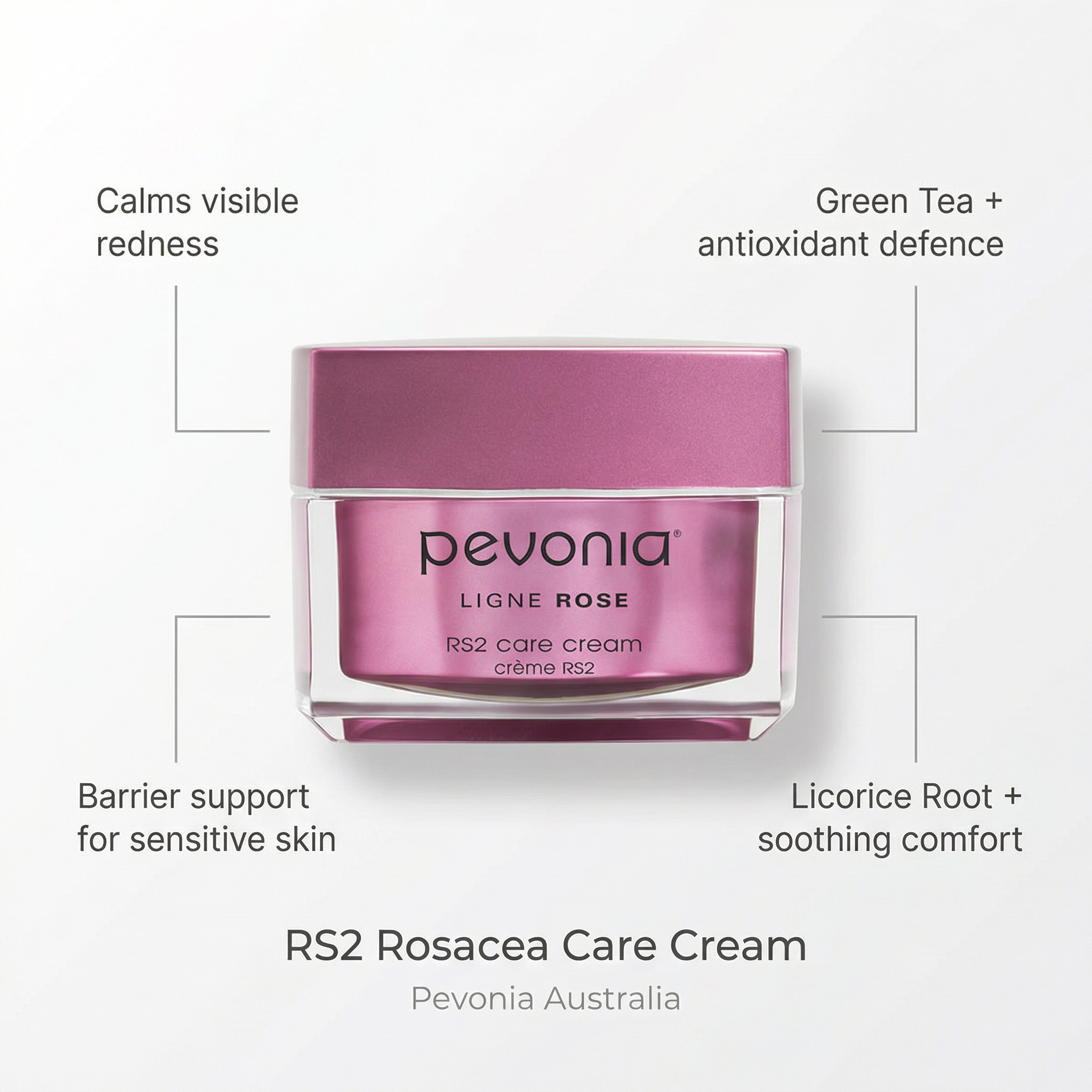 Pevonia RS2 Rosacea Care Cream with highlighted benefits including calming redness, antioxidant protection with green tea, barrier support and soothing comfort for sensitive skin