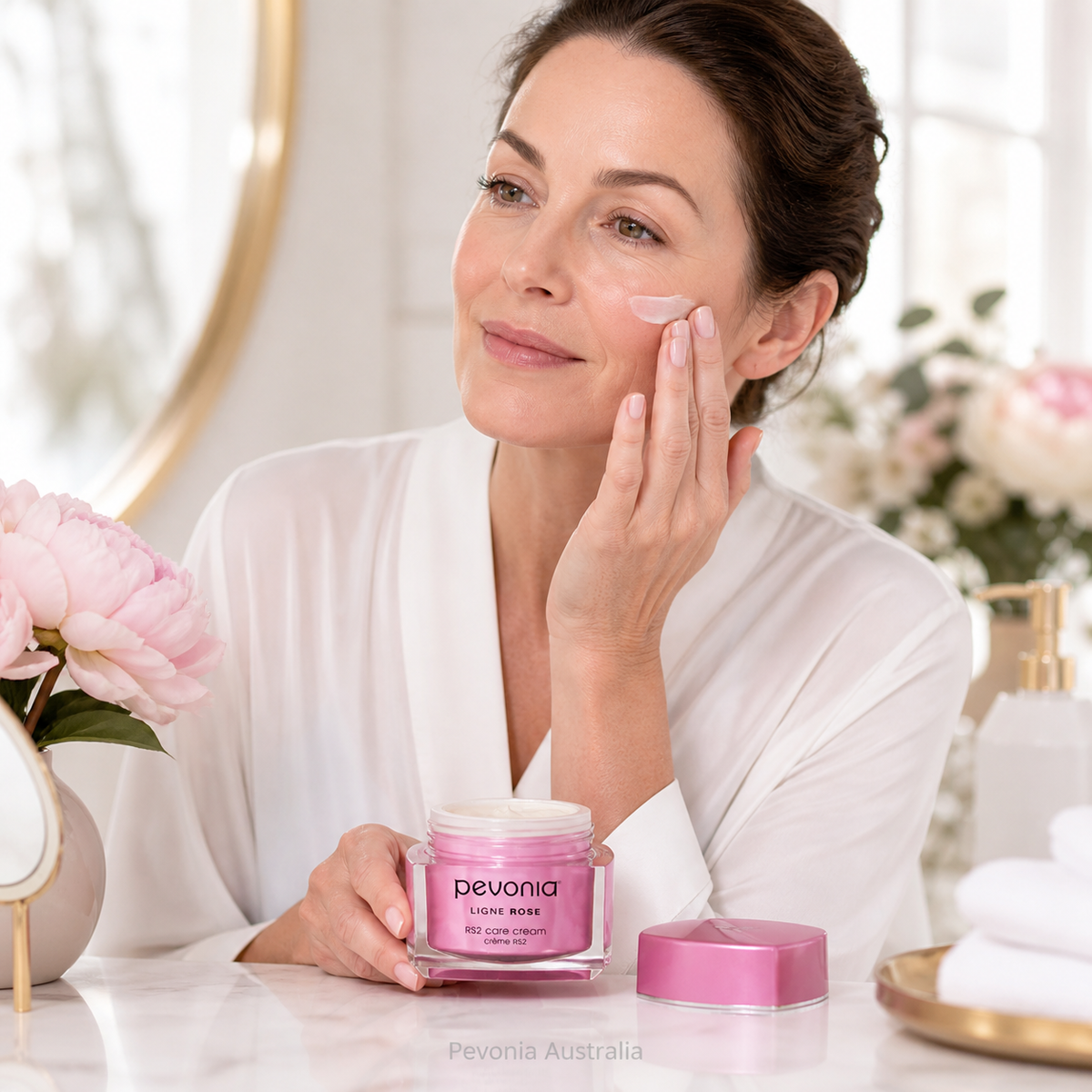Woman applying Pevonia RS2 Rosacea Care Cream in a bright, elegant bathroom, holding the open jar during a soothing skincare routine for rosacea-prone and sensitive skin.