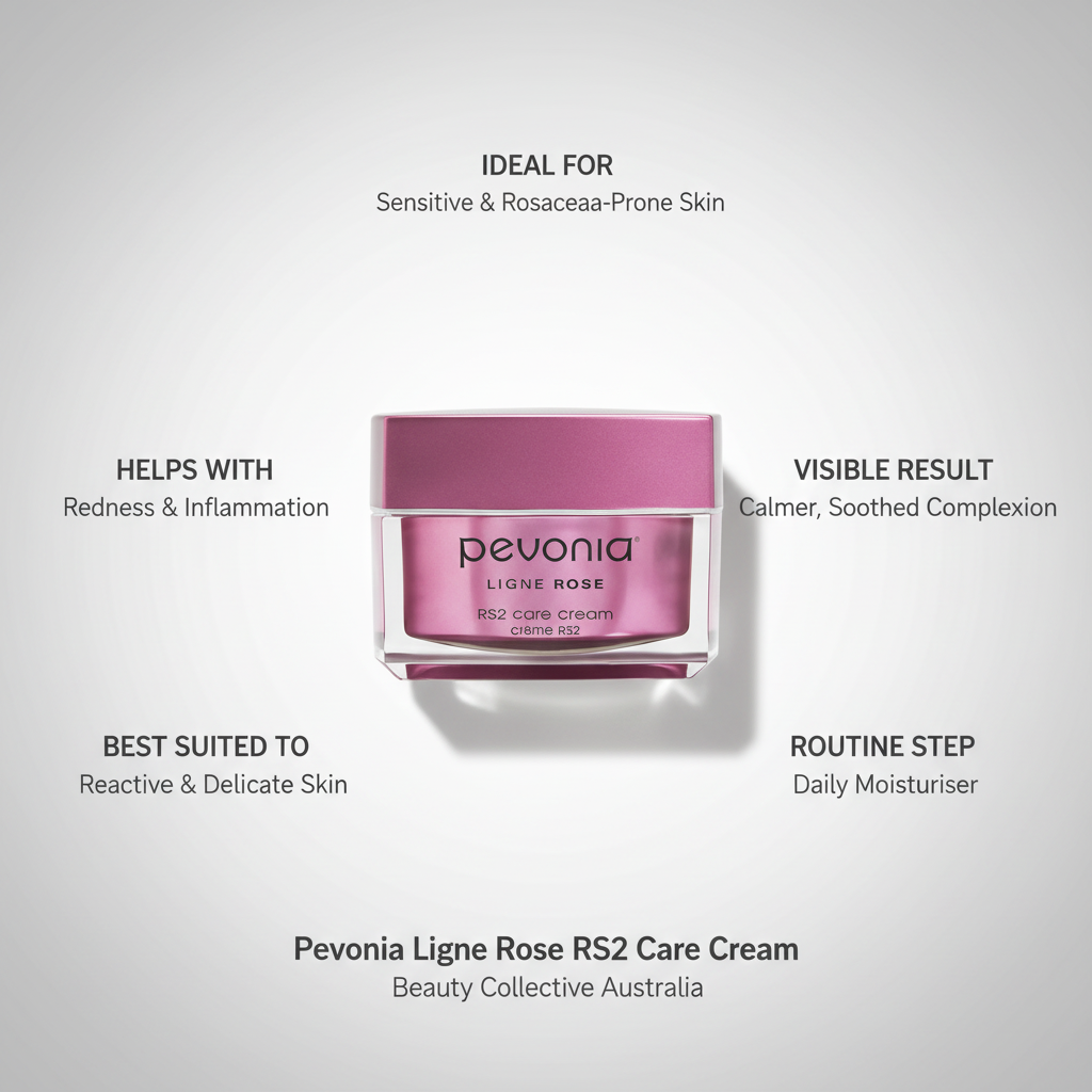 Pevonia Ligne Rose RS2 Rosacea Care Cream with key information showing ideal skin type, benefits for redness and inflammation, visible results and daily moisturiser use for sensitive and rosacea-prone skin