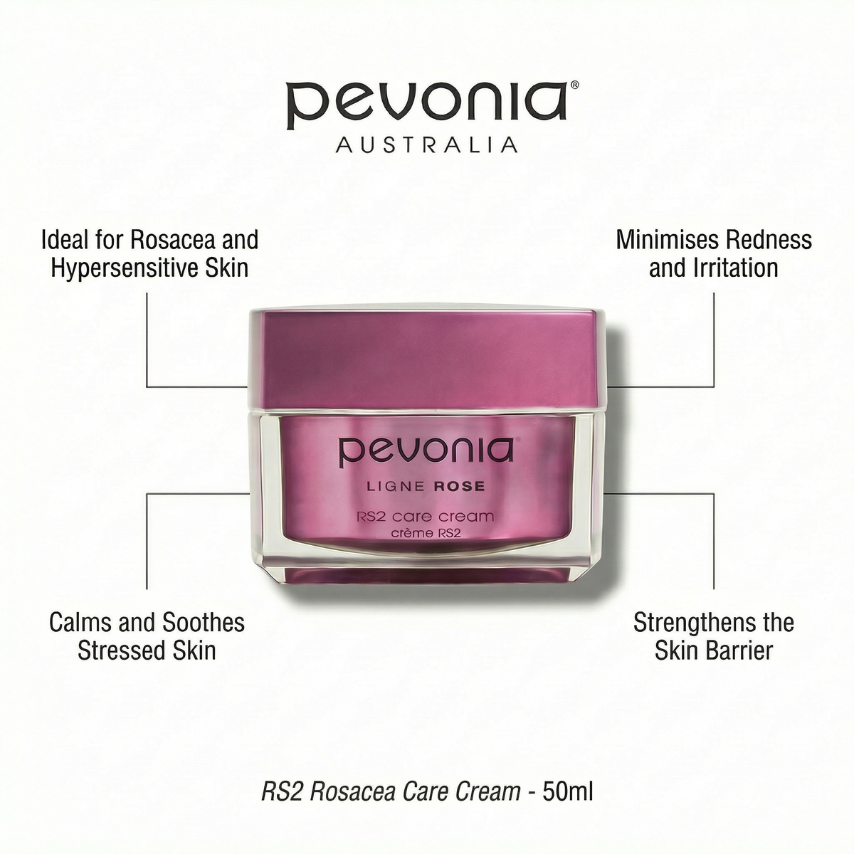Pevonia RS2 Rosacea Care Cream with highlighted benefits including calming redness and irritation, soothing stressed skin, strengthening the skin barrier and suitability for hypersensitive skin