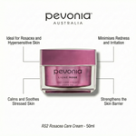 Pevonia RS2 Rosacea Care Cream with highlighted benefits including calming redness and irritation, soothing stressed skin, strengthening the skin barrier and suitability for hypersensitive skin