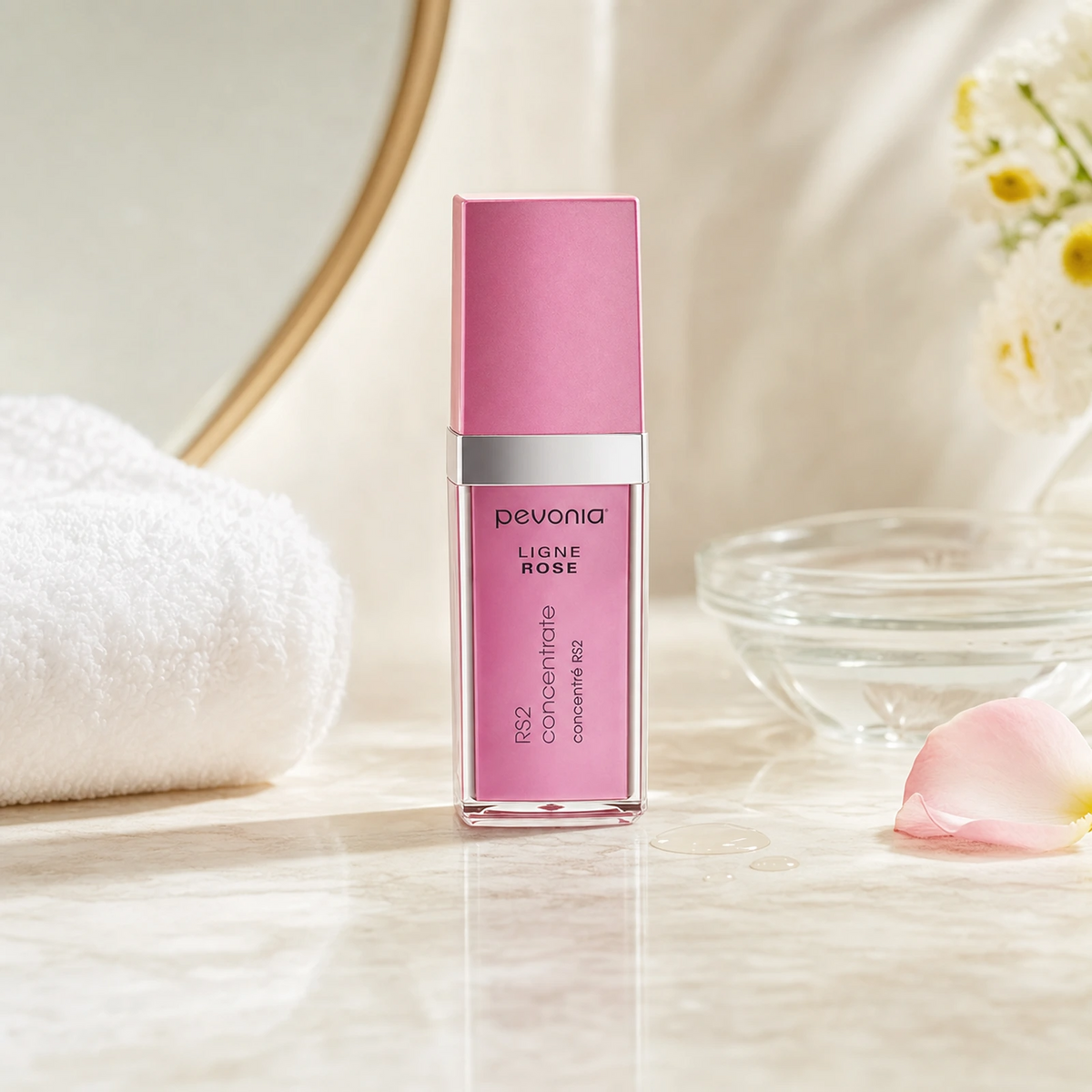 Pevonia RS2 Rosacea Concentrate 30ml on a luxury bathroom vanity for rosacea-prone, red and sensitive skin