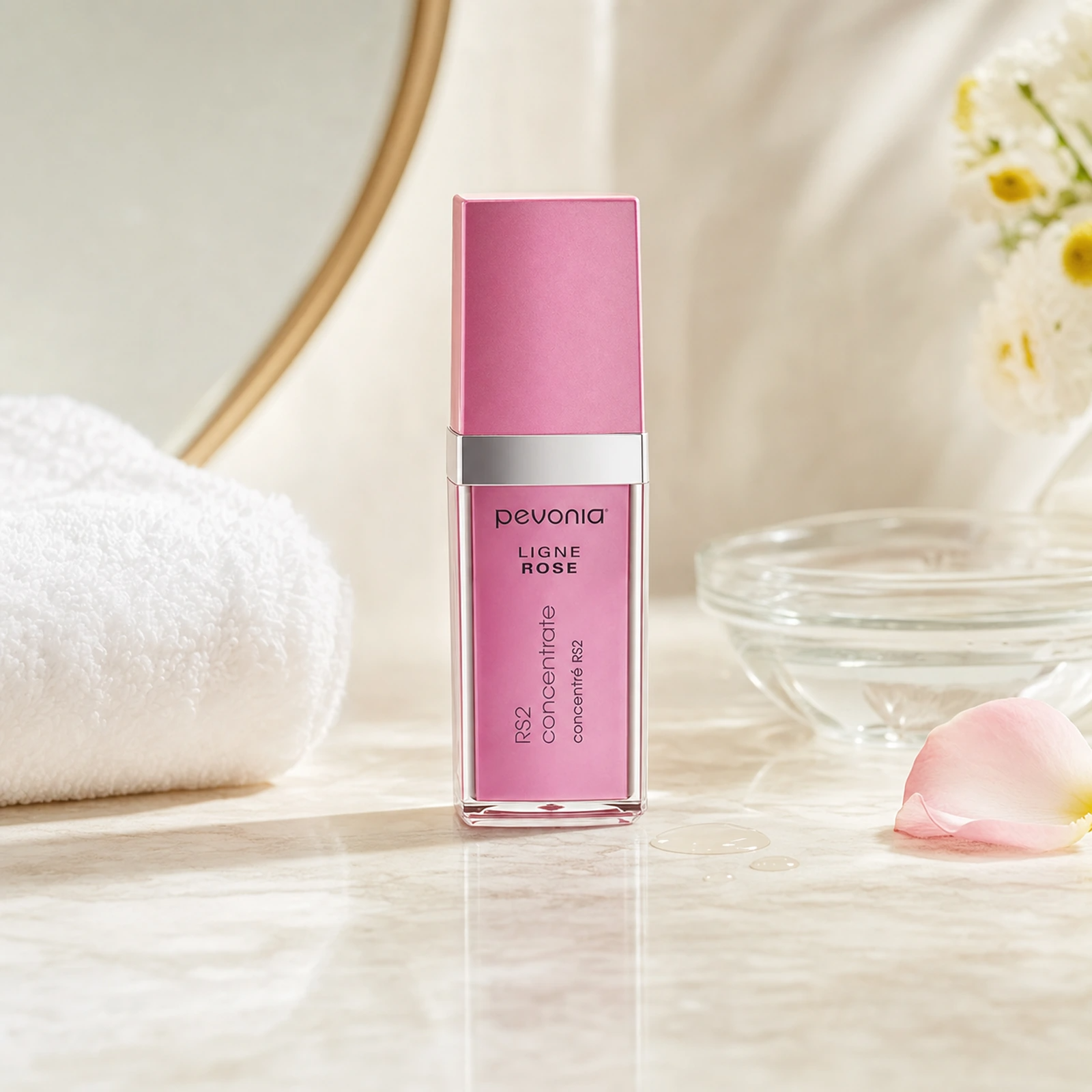 Pevonia RS2 Rosacea Concentrate 30ml on a luxury bathroom vanity for rosacea-prone, red and sensitive skin