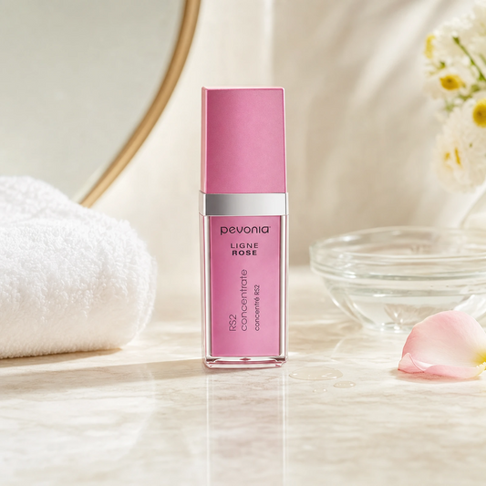 Pevonia RS2 Rosacea Concentrate 30ml on a luxury bathroom vanity for rosacea-prone, red and sensitive skin