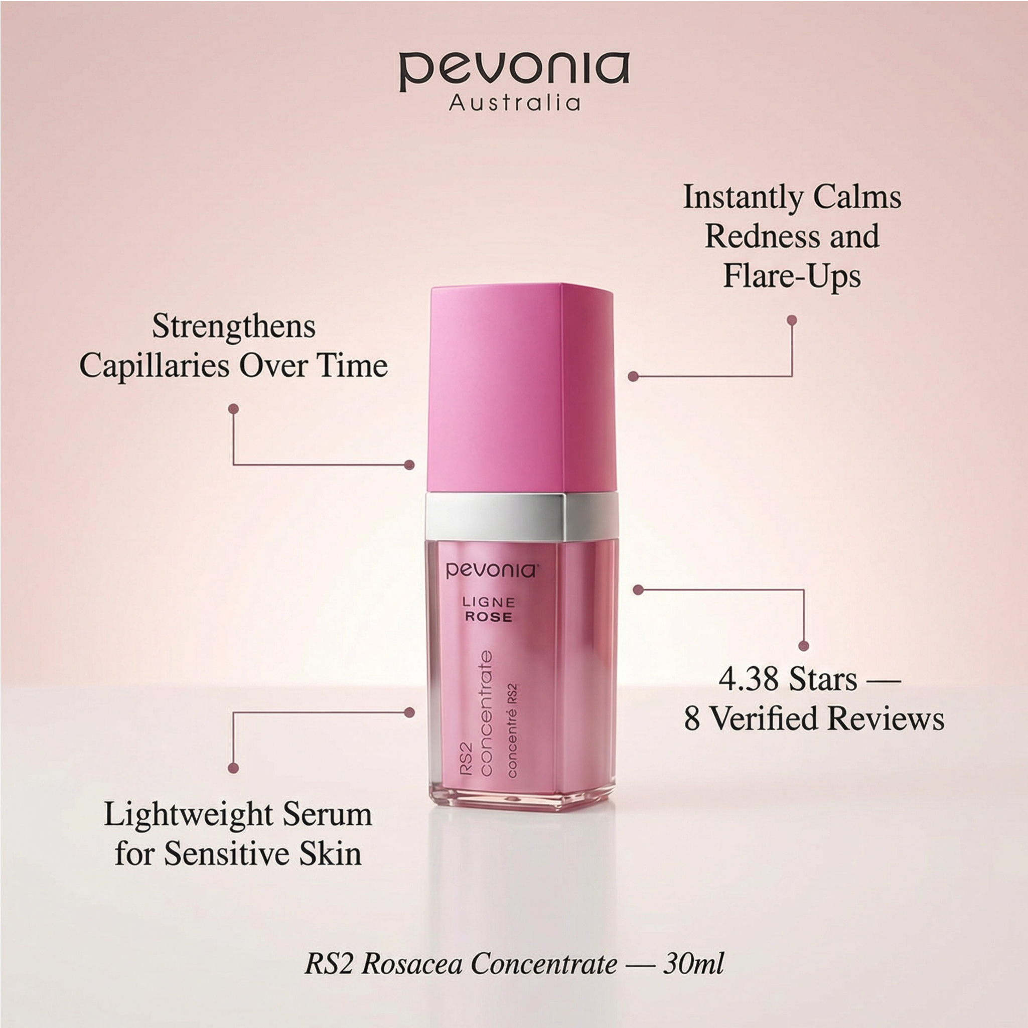 Pevonia RS2 Rosacea Concentrate 30ml serum bottle with product features on a pink background