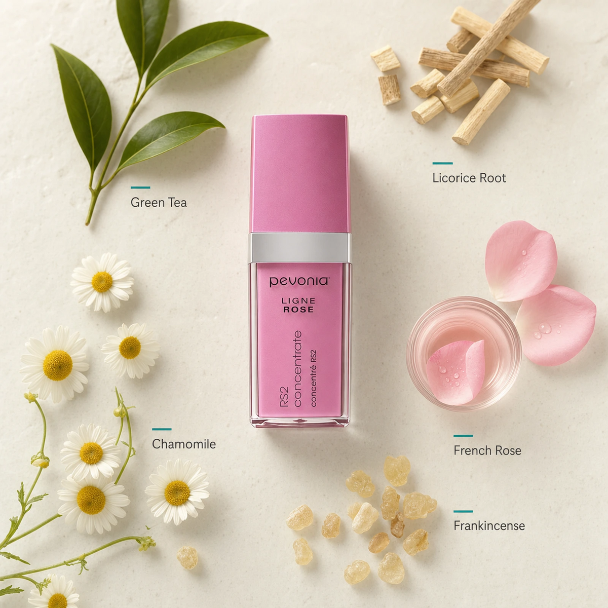 Pevonia RS2 Rosacea Concentrate 30ml ingredient flatlay with Green Tea, Licorice Root, Chamomile, French Rose and Frankincense