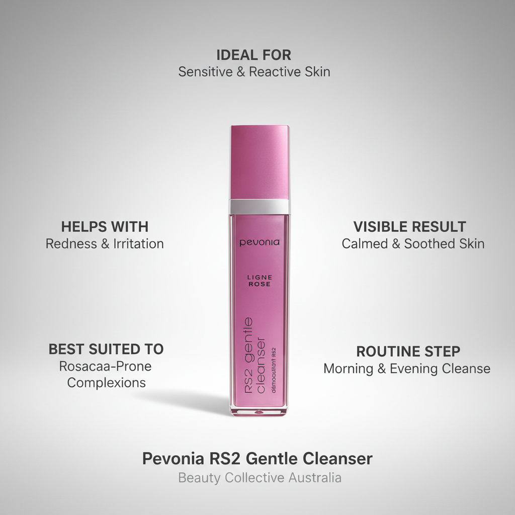 Pevonia RS2 Gentle Cleanser bottle with product details on a gray background