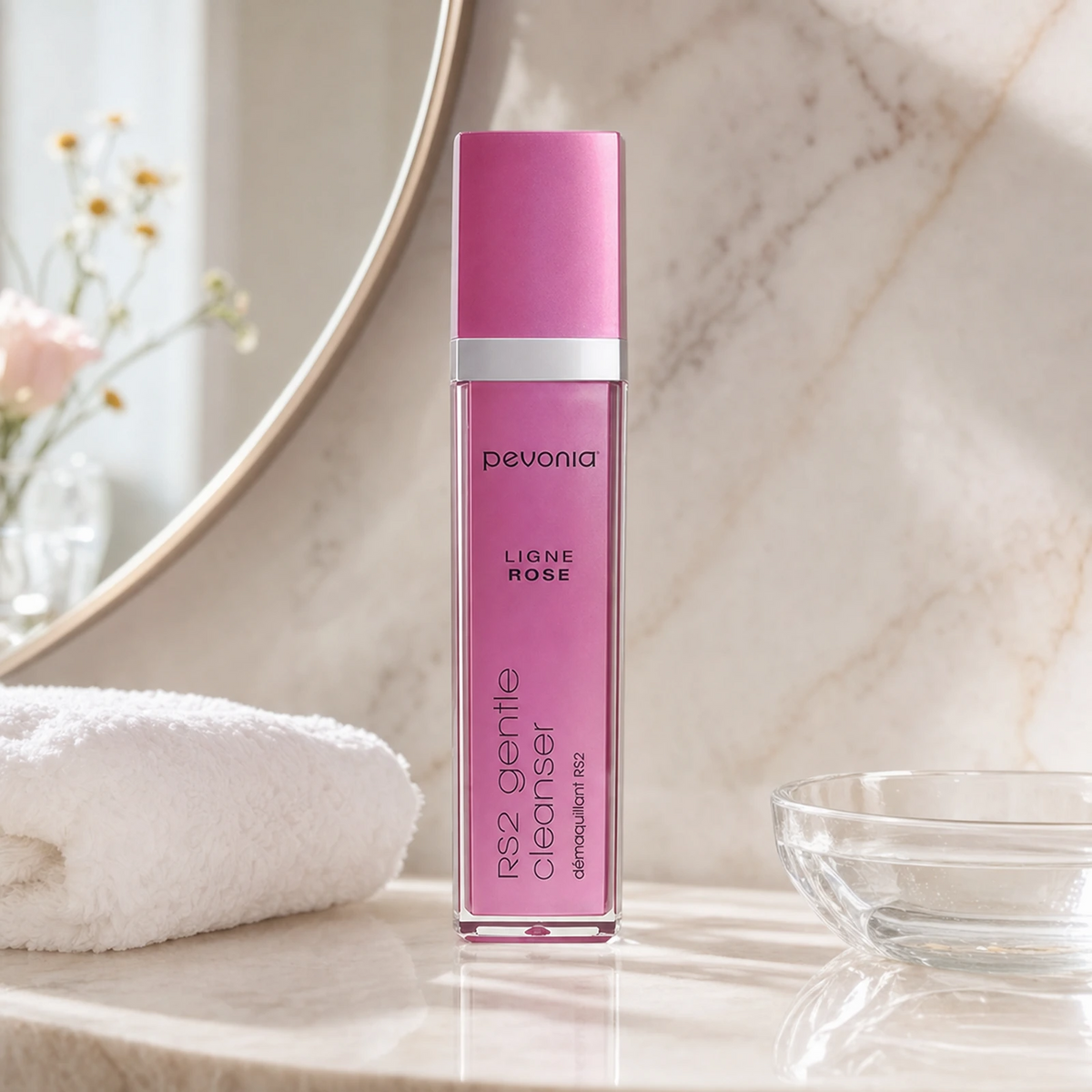 Pevonia RS2 Rosacea Gentle Cleanser 120ml on a luxury bathroom vanity for rosacea-prone, red and sensitive skin