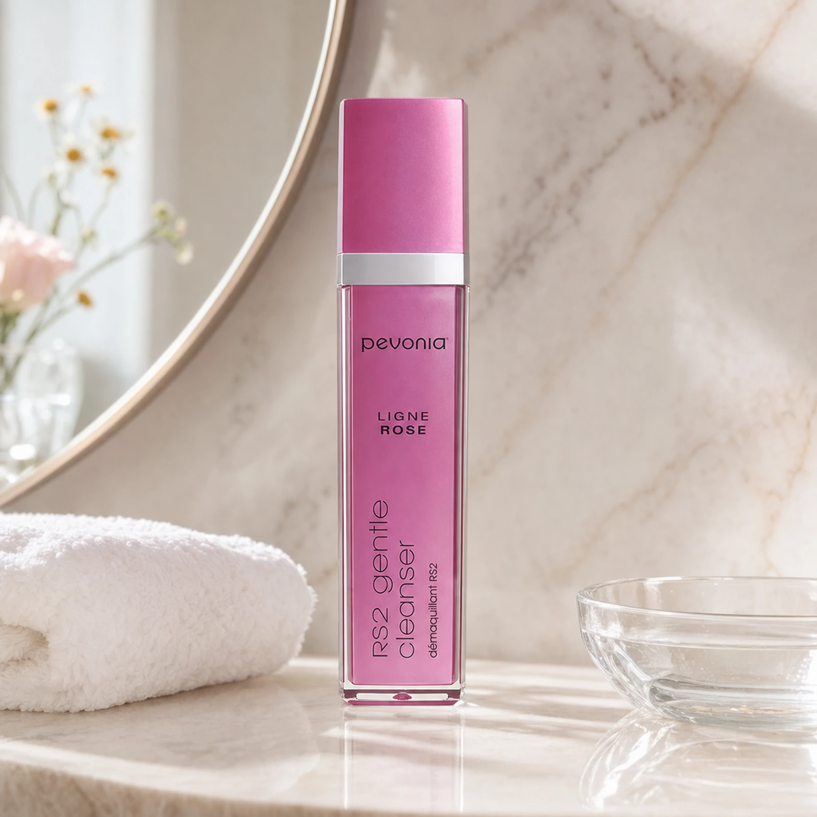 Pevonia RS2 Rosacea Gentle Cleanser 120ml on a luxury bathroom vanity for rosacea-prone, red and sensitive skin