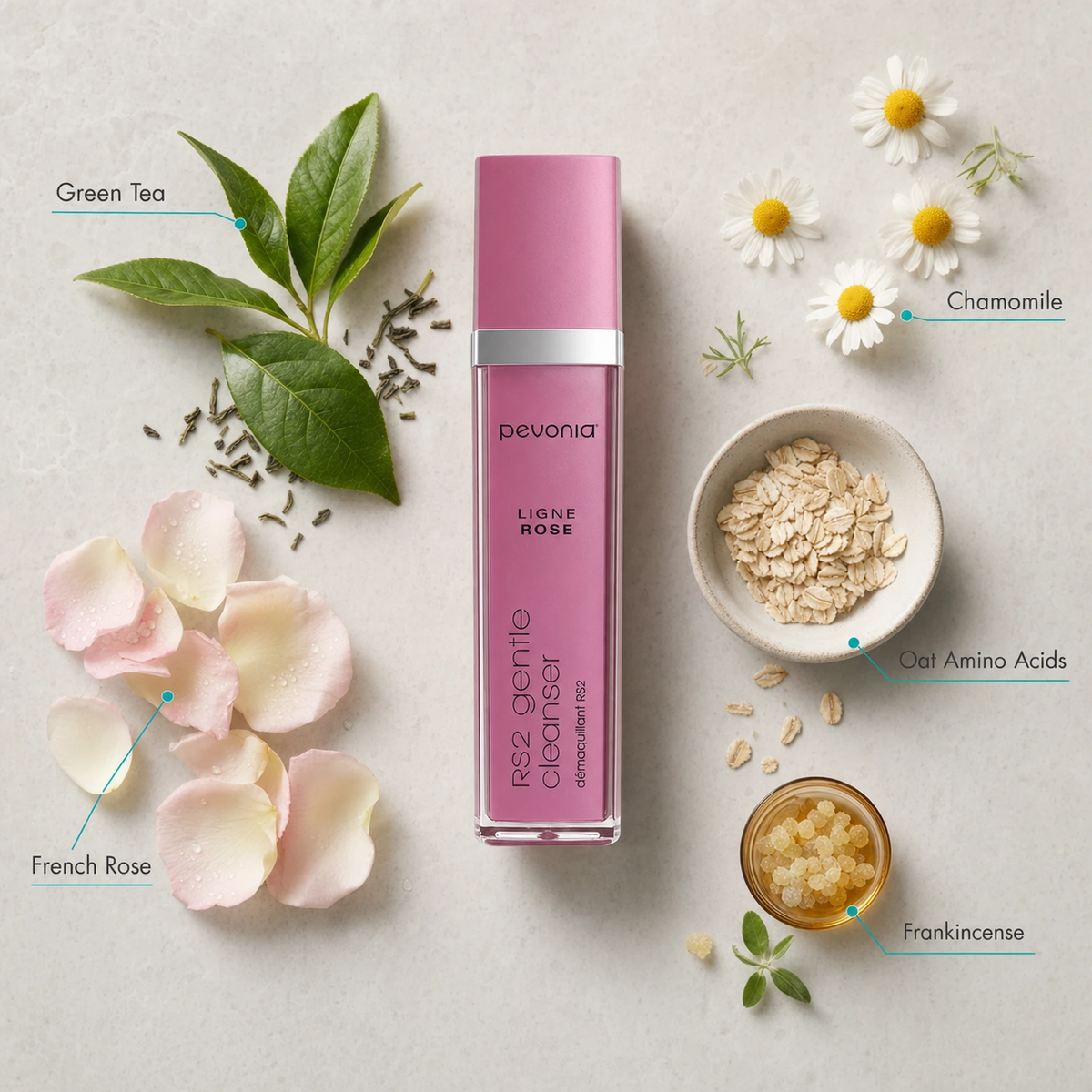 Pevonia RS2 Rosacea Gentle Cleanser 120ml ingredient flatlay with Green Tea, Chamomile, French Rose, Oat Amino Acids and Frankincense