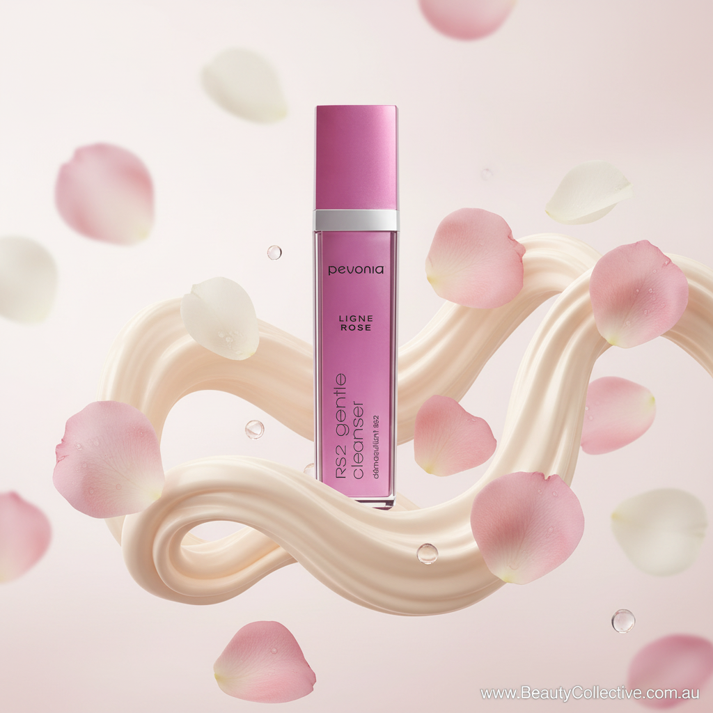 Pink skincare bottle with floral elements on a light pink background