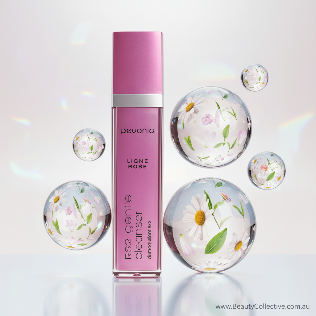 Pink skincare bottle with floral designs on a white background