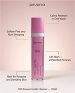 Pevonia RS2 Rosacea Gentle Cleanser bottle with product features on a pink background