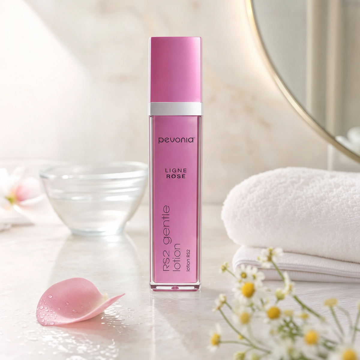 Pevonia RS2 Rosacea Gentle Lotion 120ml on a luxury bathroom vanity for rosacea-prone, red and sensitive skin