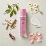 Pevonia RS2 Rosacea Gentle Lotion 120ml ingredient flatlay with Green Tea, Chamomile, Licorice Extract, Allantoin, Guarana and French Rose Oil