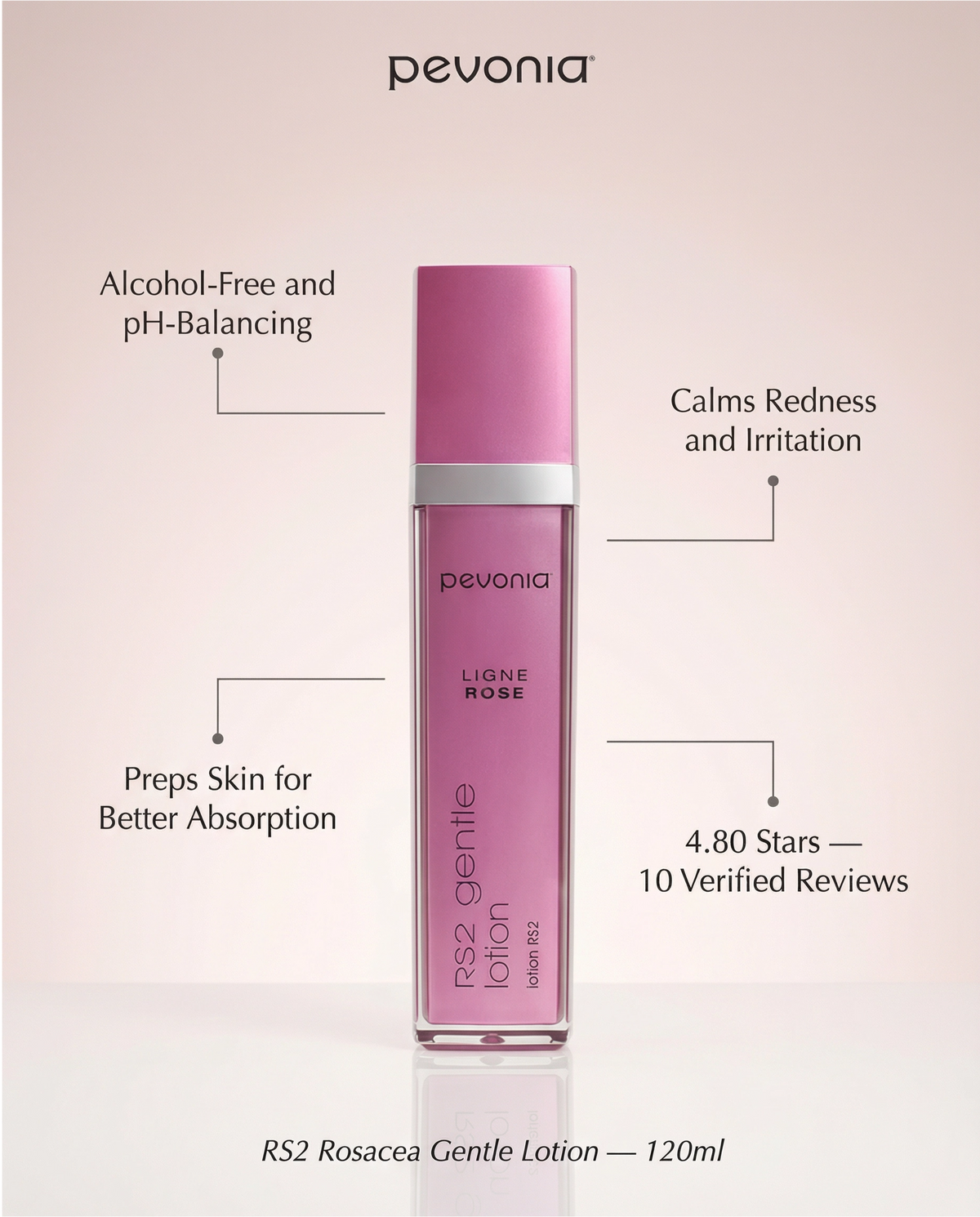 Pevonia RS2 Rosacea Gentle Lotion bottle with product features on a light pink background