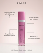 Pevonia RS2 Rosacea Gentle Lotion bottle with product features on a light pink background