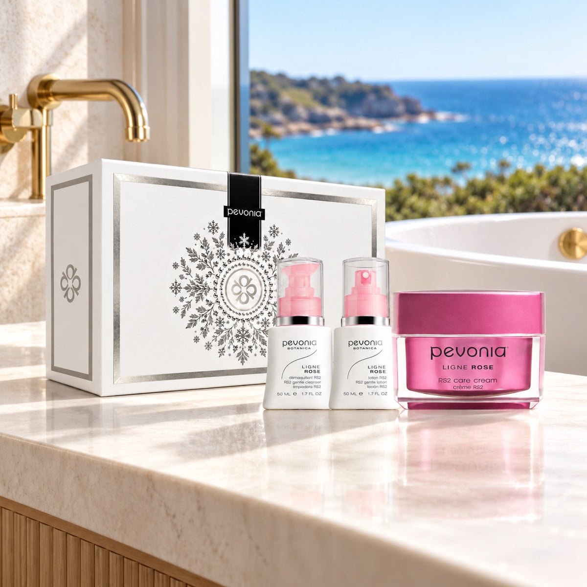 PEVONIA RS2 Ultra Sensitive Skin Gift Box in an Australian summer Christmas setting. File: pevonia-rs2-ultra-sensitive-skin-gift-box-australian-summer-2026.jpg