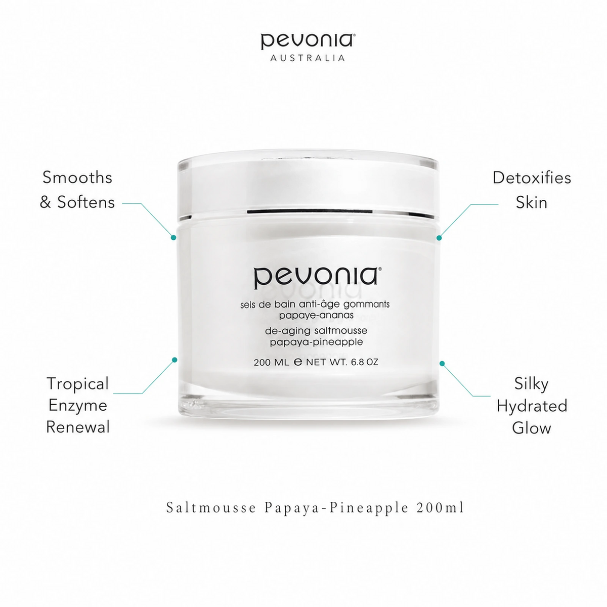 Pevonia Tropicale De-Aging Saltmousse Papaya-Pineapple 200ml ingredient flatlay with Sea Salt, Papaya Extract, Pineapple Extract, Squalane and Carrot Seed Oil
