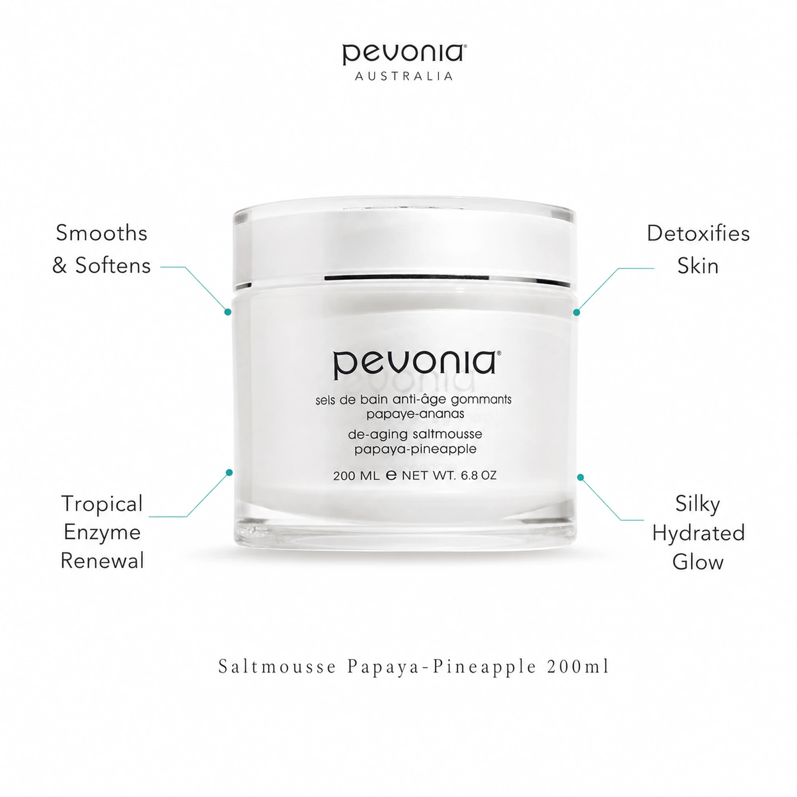 Pevonia Tropicale De-Aging Saltmousse Papaya-Pineapple 200ml ingredient flatlay with Sea Salt, Papaya Extract, Pineapple Extract, Squalane and Carrot Seed Oil