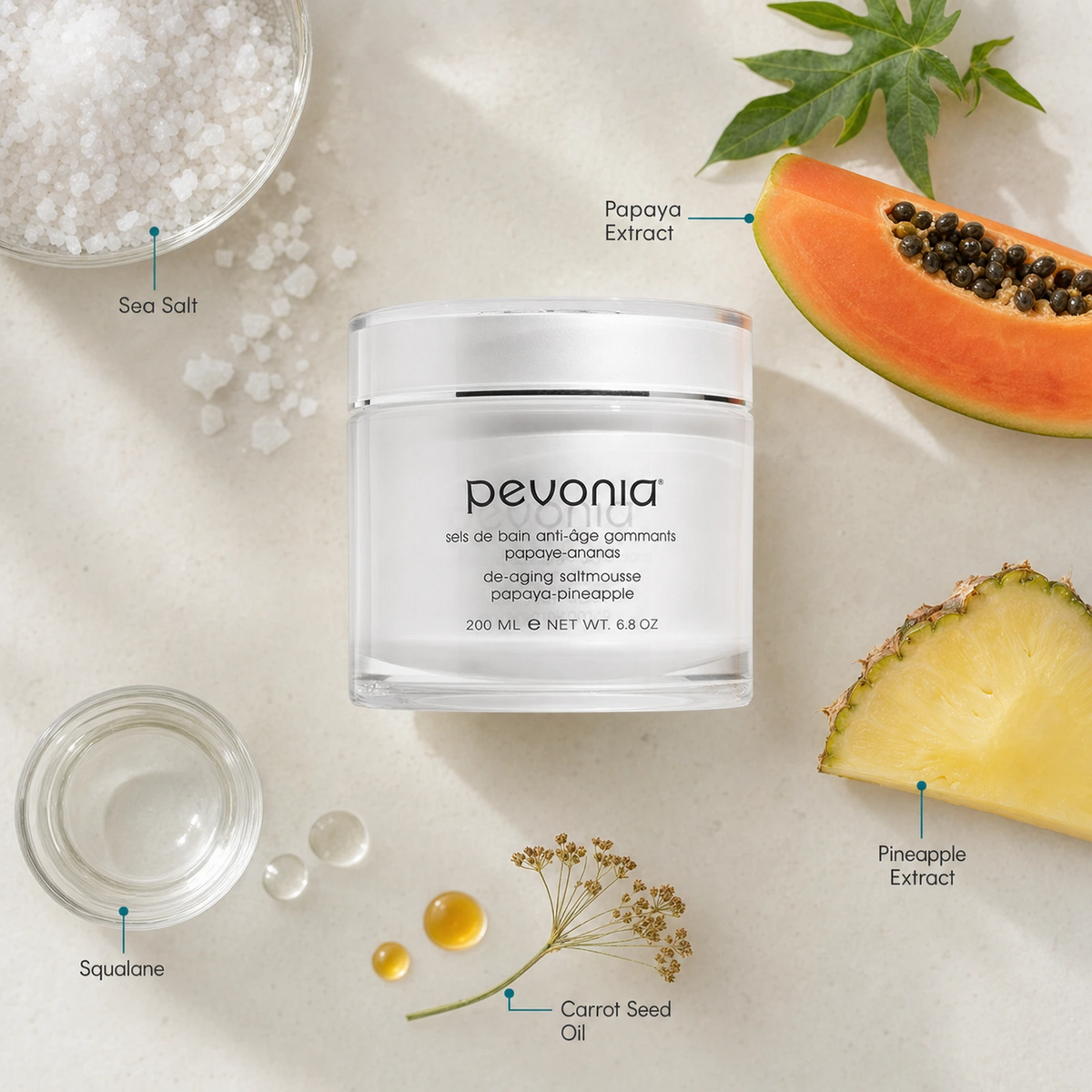 Pevonia Tropicale De-Aging Saltmousse Papaya-Pineapple 200ml with benefits for exfoliation, enzyme renewal, detoxifying and hydration