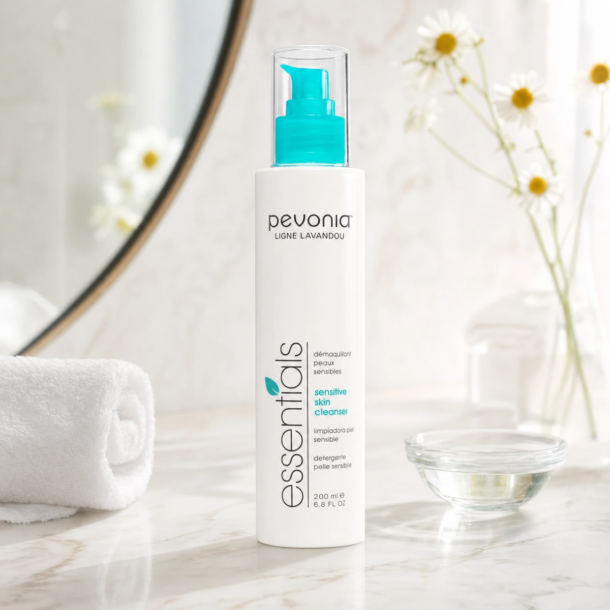 Pevonia Sensitive Skin Cleanser 200ml on a luxury bathroom vanity for sensitive, red and reactive skin