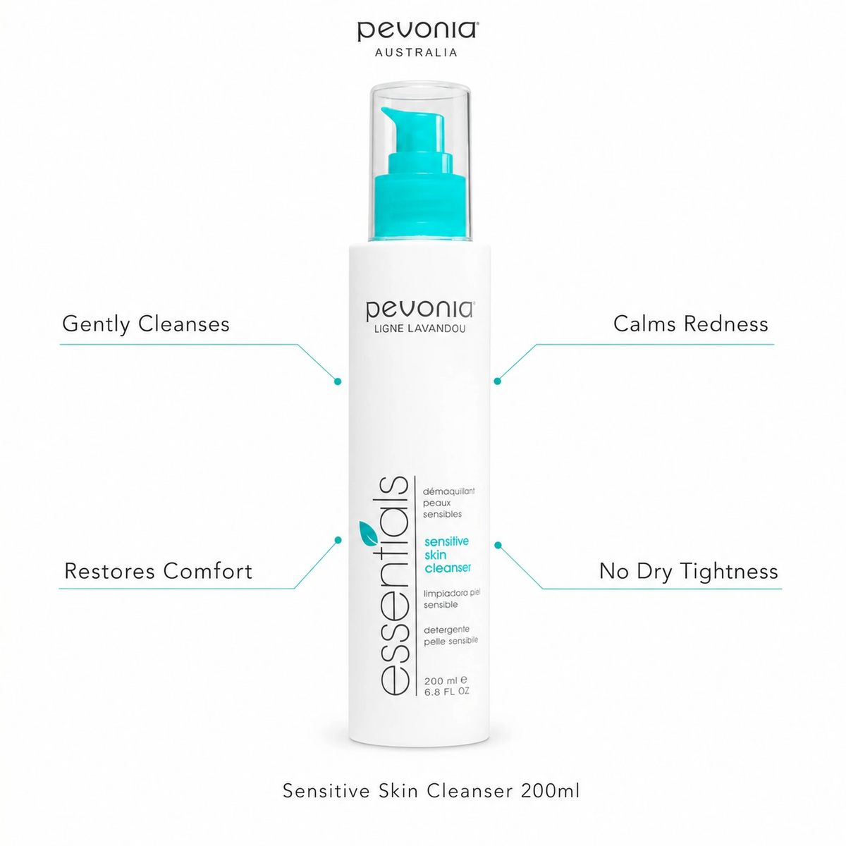 Pevonia Sensitive Skin Cleanser 200ml with benefits for gentle cleansing, redness, comfort and no dry tightness