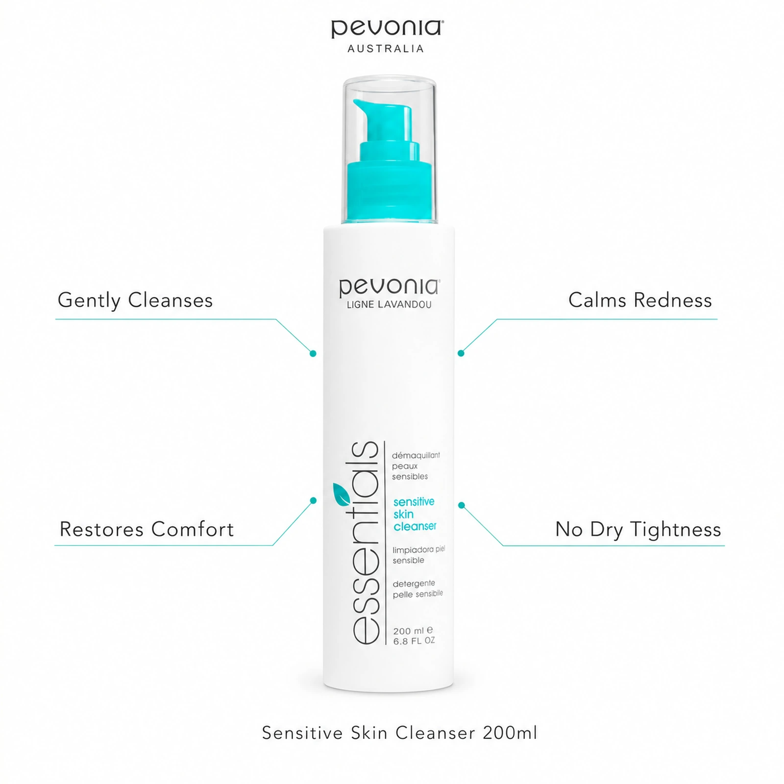 Pevonia Sensitive Skin Cleanser 200ml with benefits for gentle cleansing, redness, comfort and no dry tightness