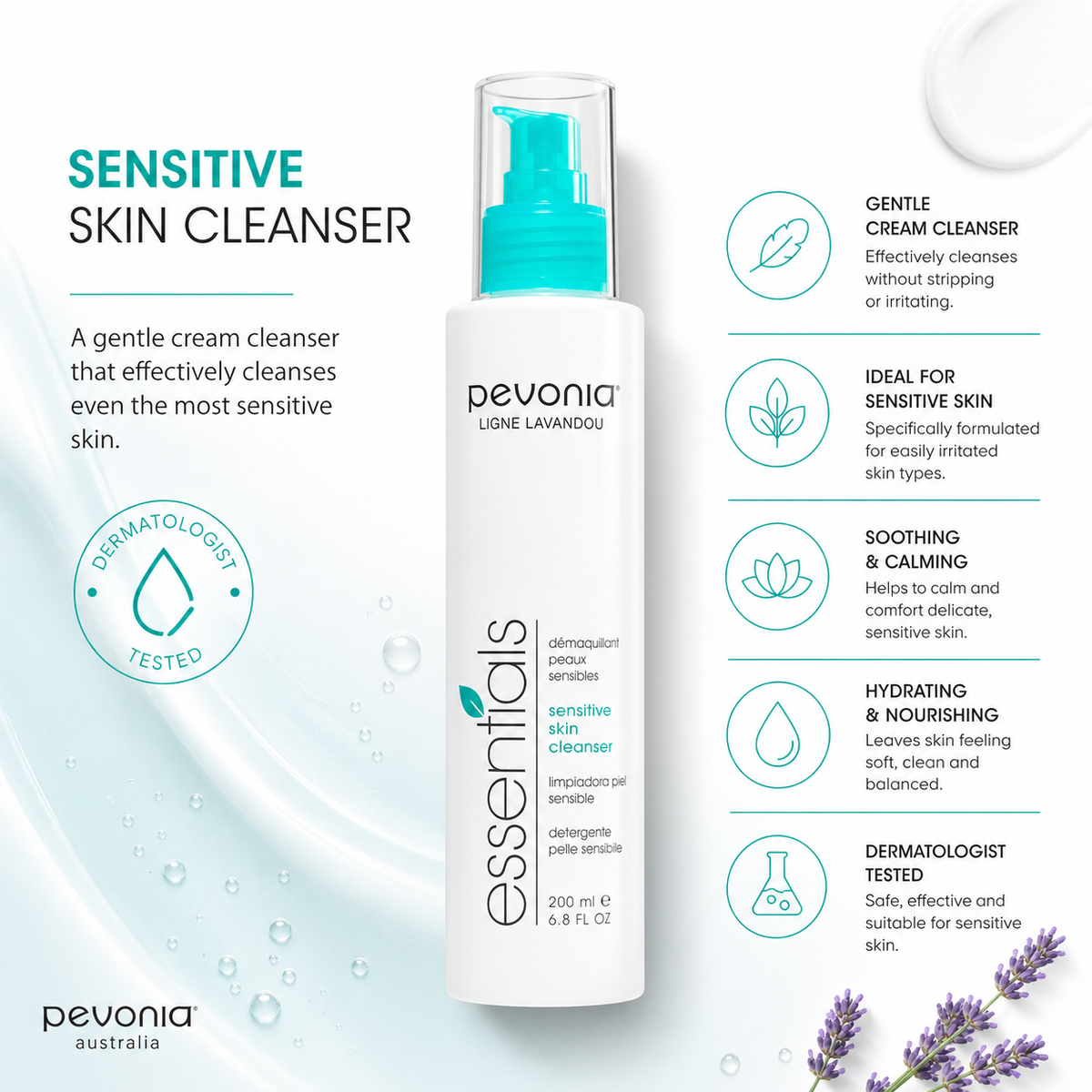 Pevonia Sensitive Skin Cleanser 200ml gentle cream cleanser for sensitive skin with soothing and hydrating botanicals