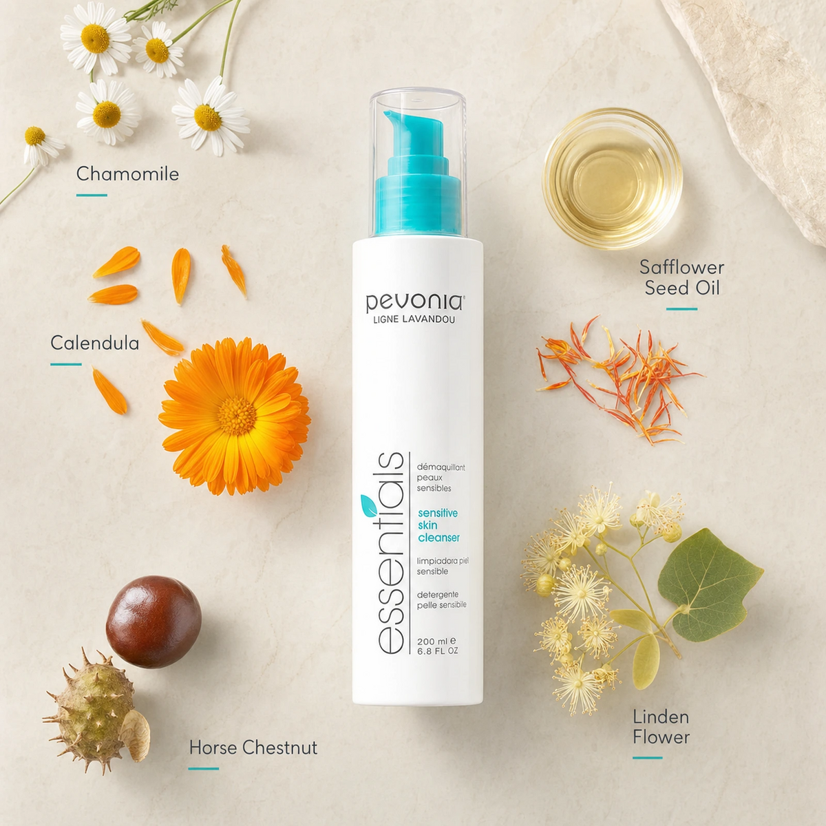 Pevonia Sensitive Skin Cleanser 200ml ingredient flatlay with Chamomile, Calendula, Horse Chestnut, Safflower Seed Oil and Linden Flower