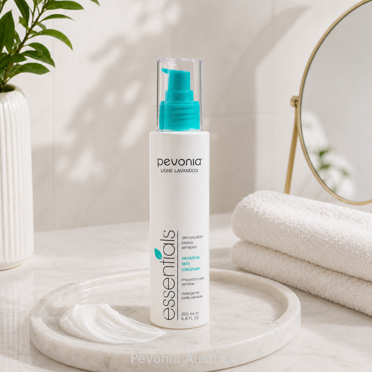 Pevonia Sensitive Skin Cleanser 200ml cream cleanser on marble tray with texture swatch towel and mirror in soft bathroom setting for gentle cleansing and sensitive skin comfort