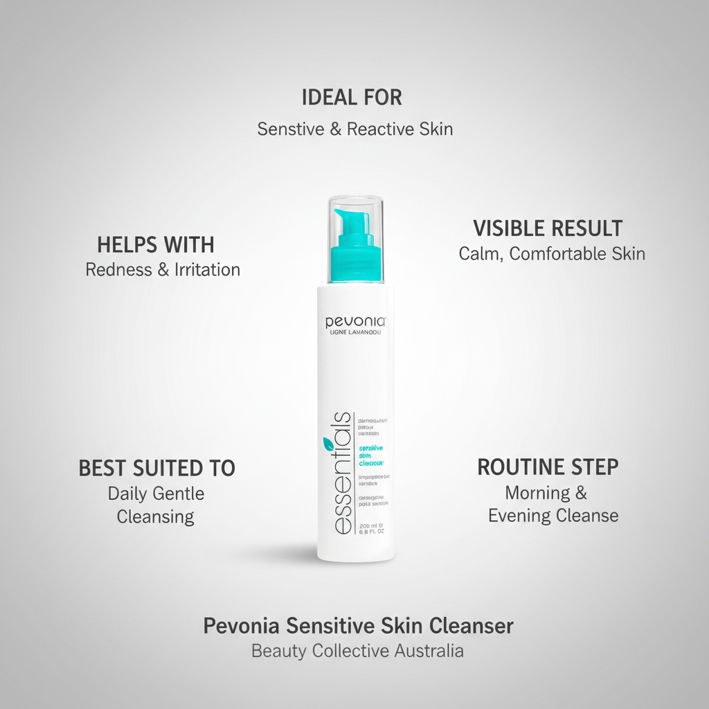 Pevonia Sensitive Skin Cleanser for sensitive and reactive skin helping reduce redness and irritation with a gentle morning and evening cleansing routine by Beauty Collective Australia
