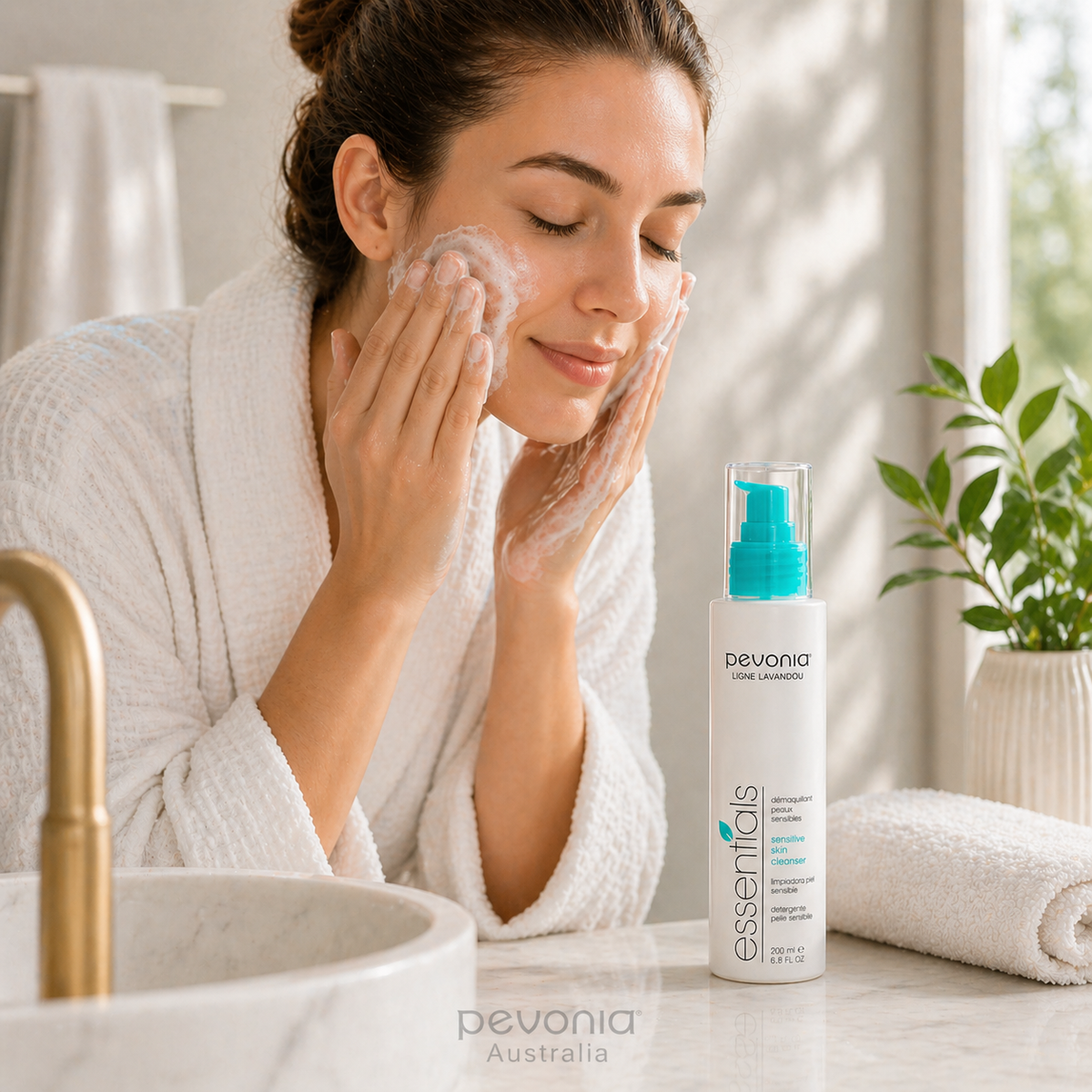 Woman applying Pevonia Sensitive Skin Cleanser during facial cleansing routine for gentle removal of impurities and calming care for sensitive and reactive skin