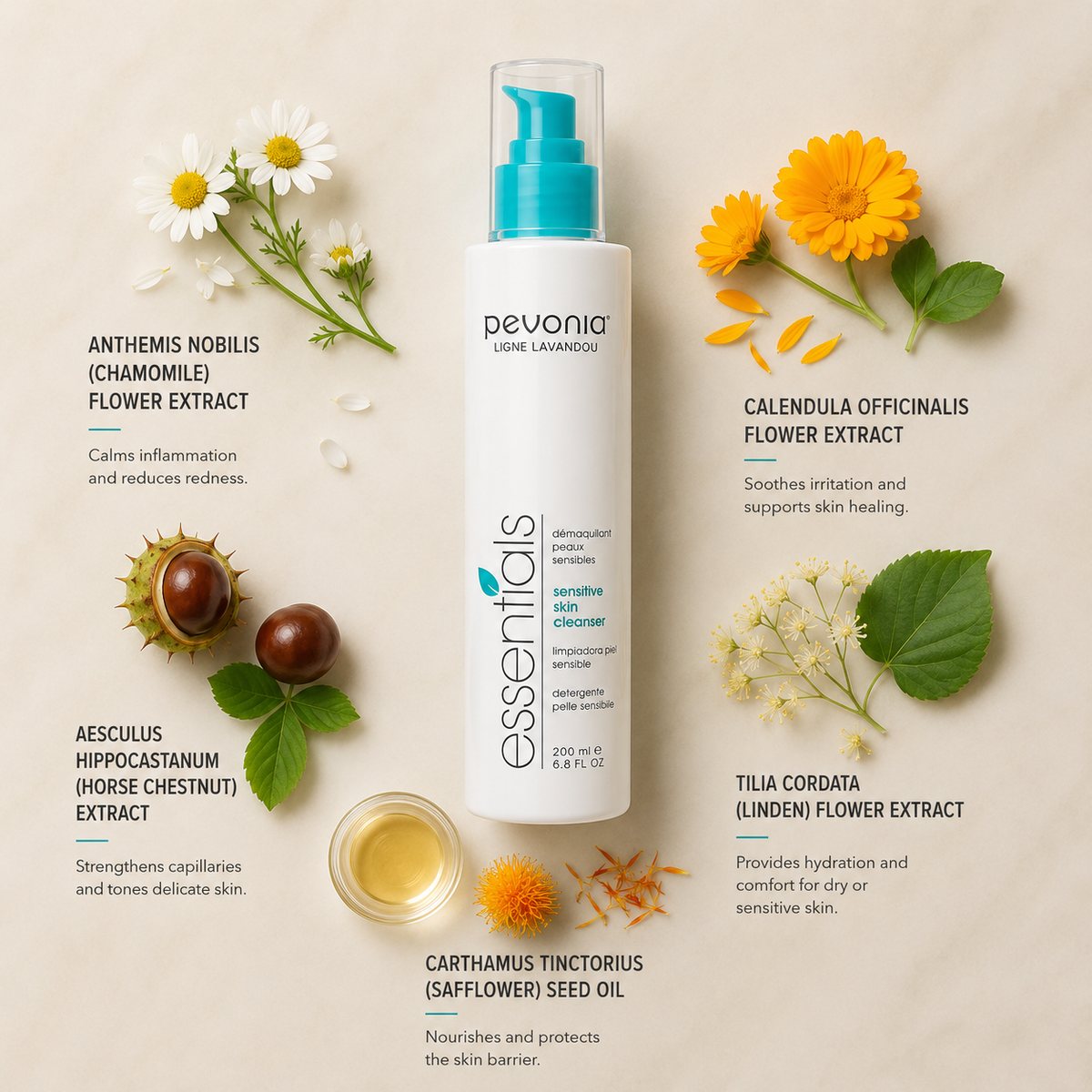 Minimal Pevonia Sensitive Skin Cleanser ingredient flatlay featuring chamomile flower extract, calendula officinalis flower extract, horse chestnut extract, safflower seed oil and linden flower extract arranged with clean spacing around the cleanser bottle on a soft neutral background